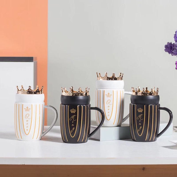 Elegant King Queen Couple Ceramic Mugs With Crown Lid Madina Gift
