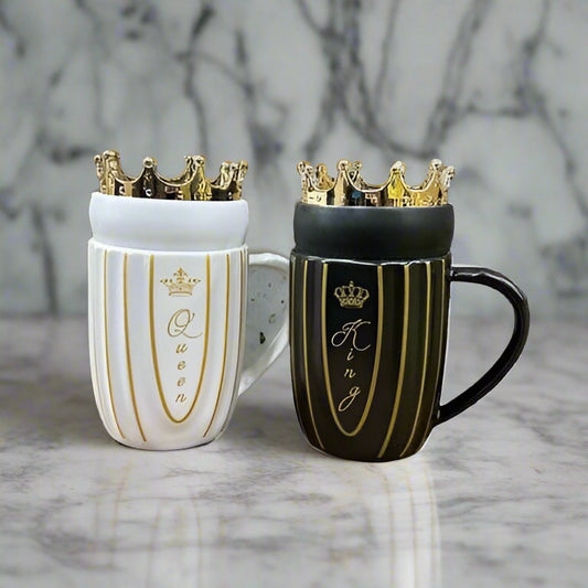 Elegant King Queen Couple Ceramic Mugs With Crown Lid Madina Gift