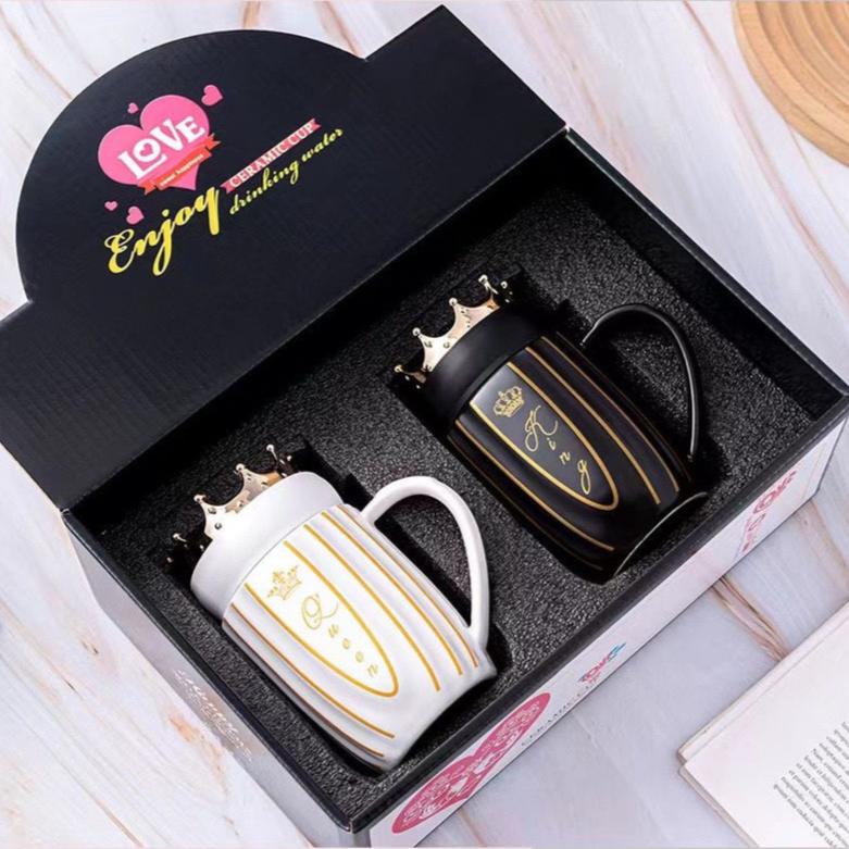 Elegant King Queen Couple Ceramic Mugs With Crown Lid Madina Gift