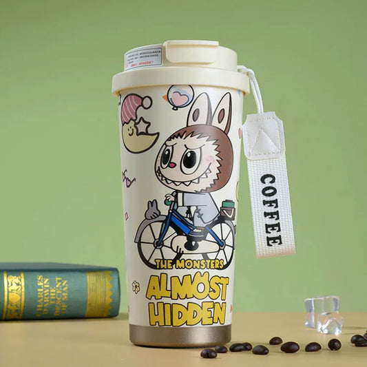 Labubu Cute Cartoon Coffee Thermos Leakproof Portable Travel Mug with Lid