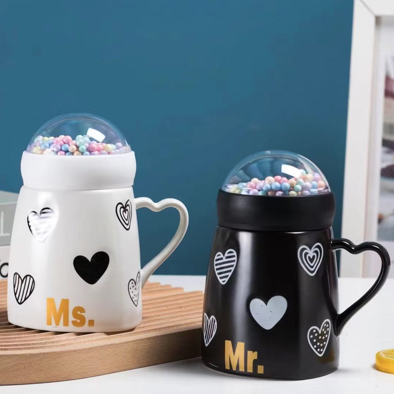 Mr & Mrs Mug Set With Snow Ball Globe Lid Madina Gift