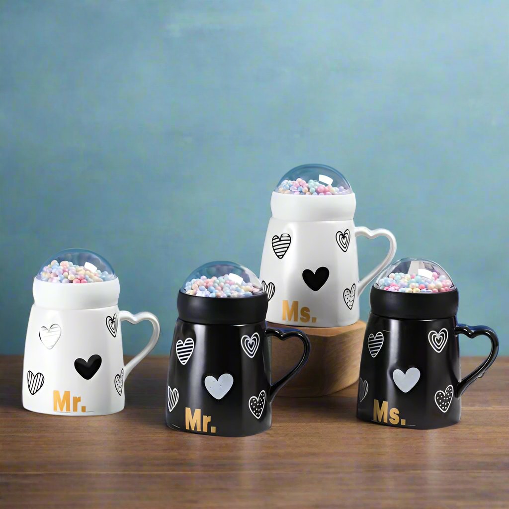 Mr & Mrs Mug Set With Snow Ball Globe Lid Madina Gift