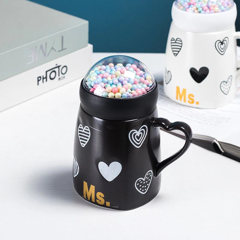 Mr & Mrs Mug Set With Snow Ball Globe Lid Madina Gift