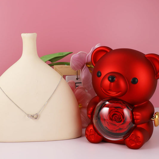 Red Rose & Red Bear Jewelry Box with Necklace Elegant Gift Set Madina Gift