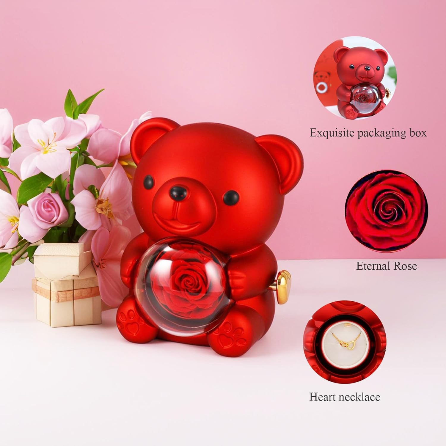 Red Rose & Red Bear Jewelry Box with Necklace Elegant Gift Set Madina Gift