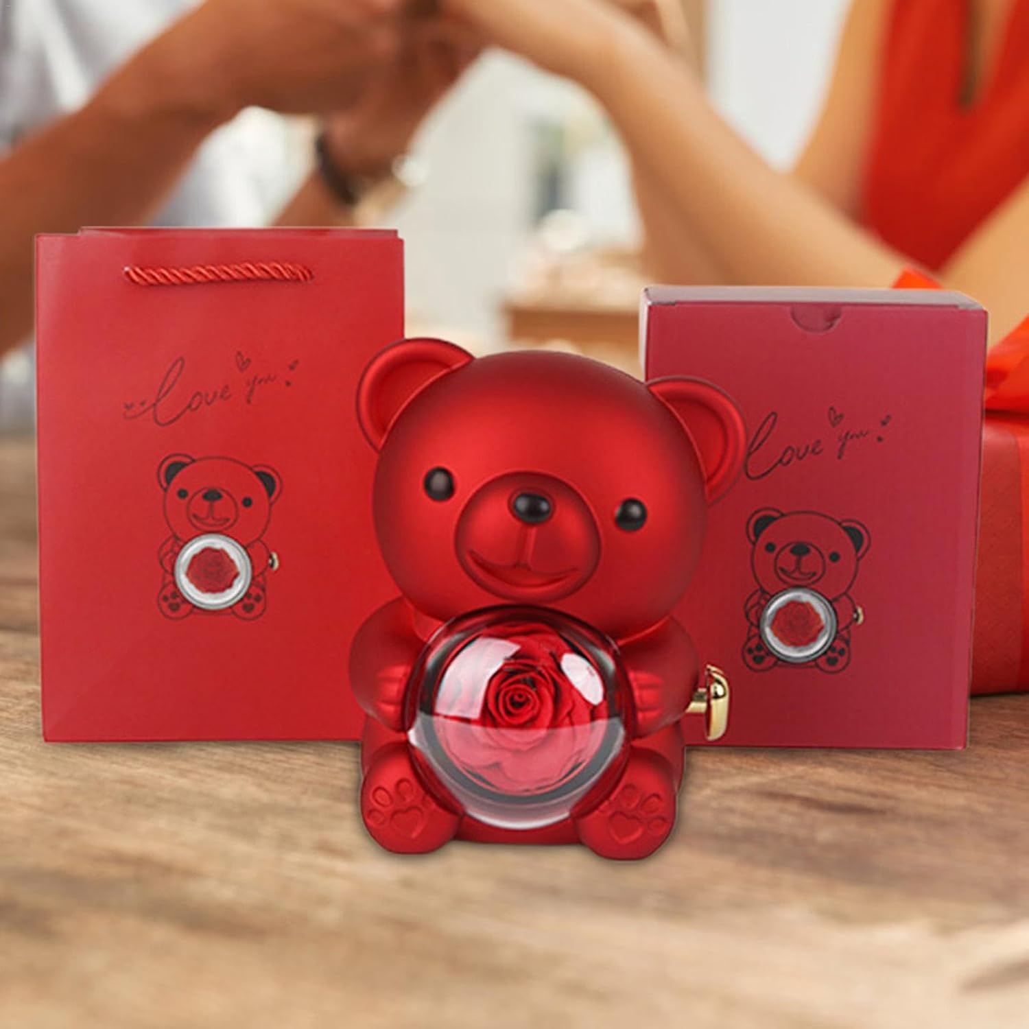 Red Rose & Red Bear Jewelry Box with Necklace Elegant Gift Set Madina Gift