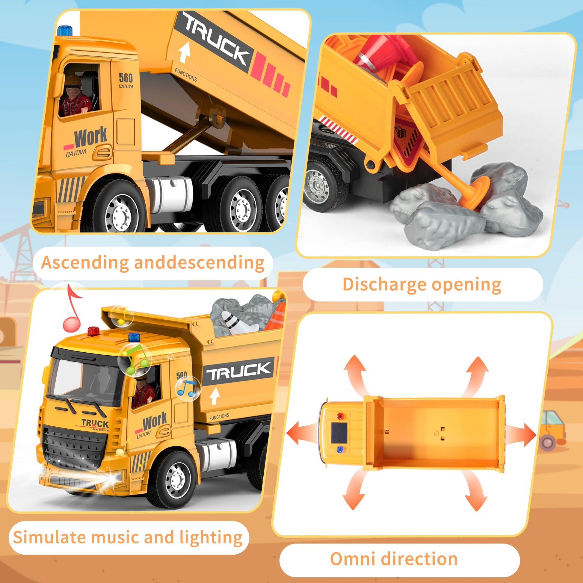 Toy dump truck with features highlighted on a blue and orange gradient background