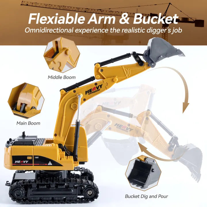 Toy excavator with flexible arm and bucket on a white background