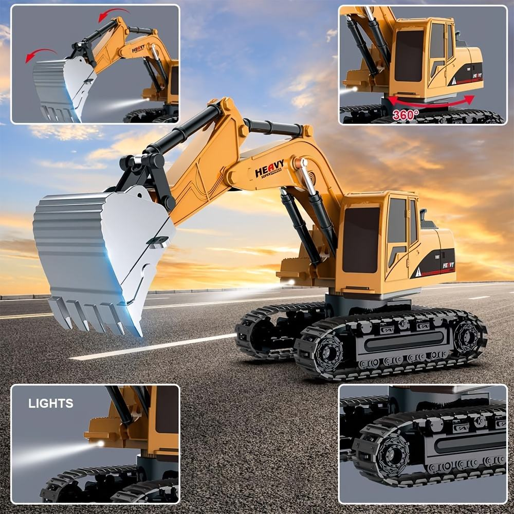Toy excavator with features highlighted on a road with sunset background