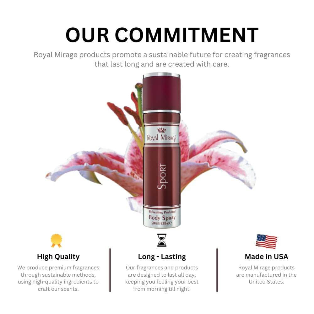 Royal Mirage Sport Body Spray 200 ML
Royal Mirage Sport Body Spray has been designed to elevate your confidence game. Made in USA