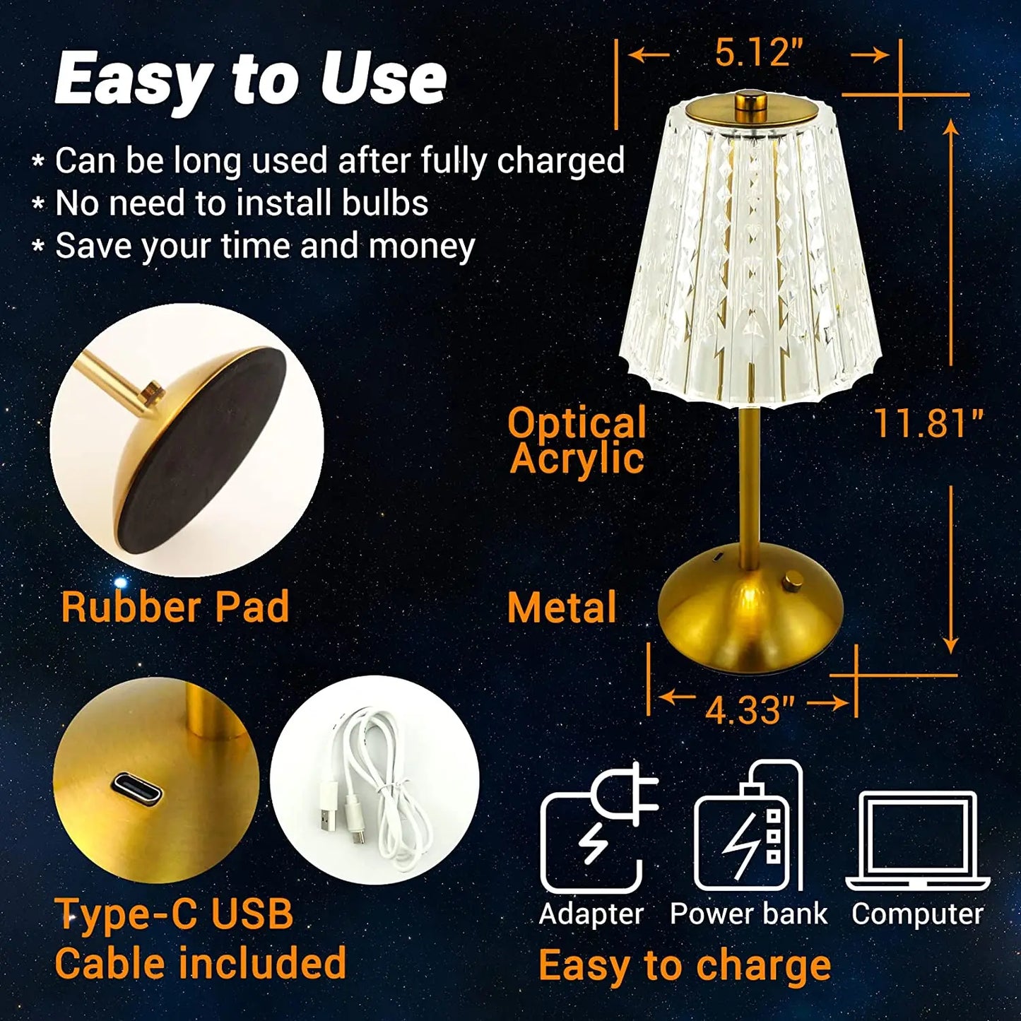 Crystal Diamond Touch Sensor Table Lamp - Madina Gift