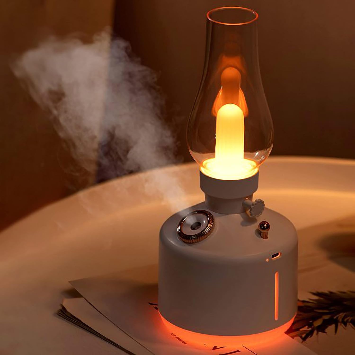 Vintage Lamp Humidifier For Home & Office - Madina Gift Festive lamp with a warm glow on a surface with steam in the background