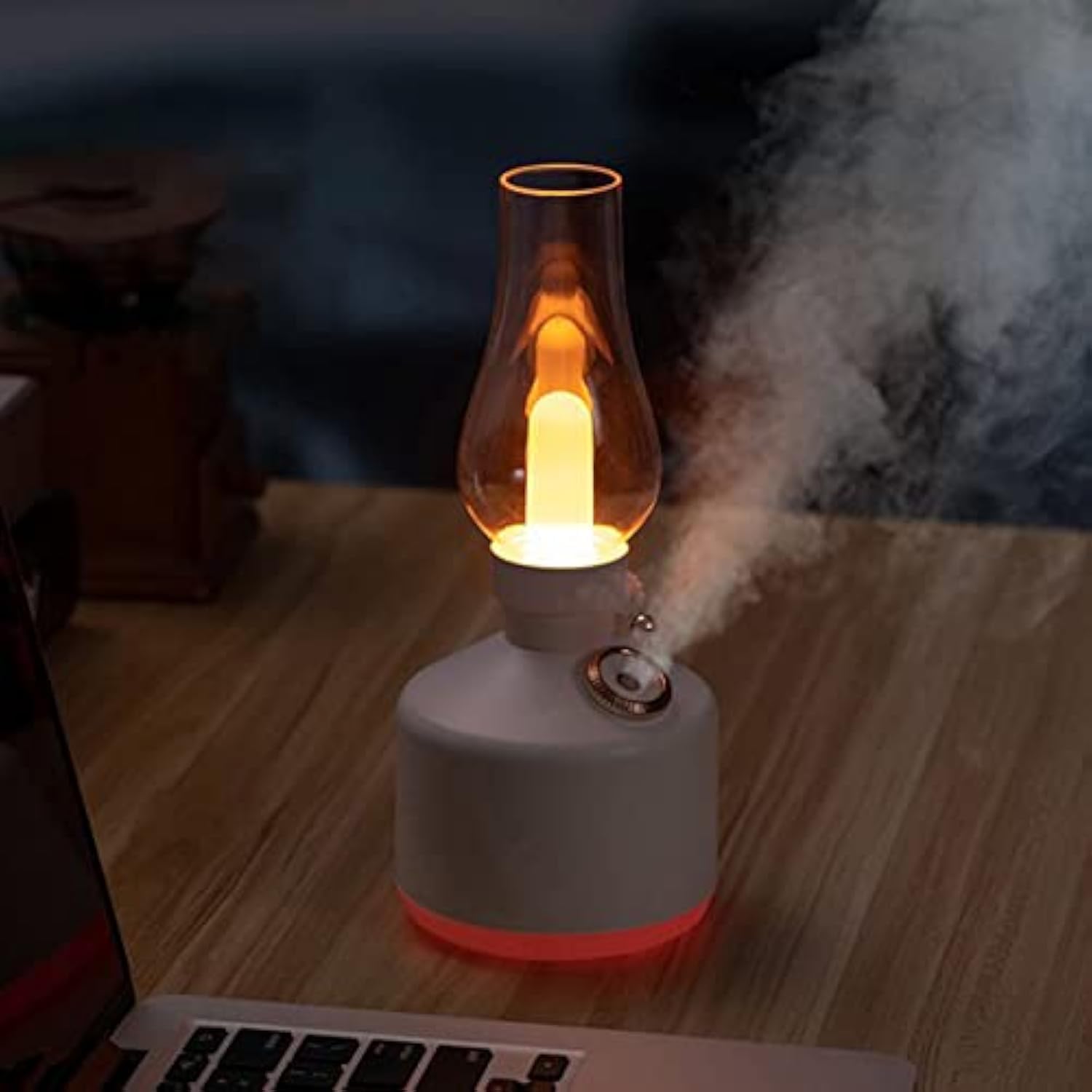 Decorative lamp with warm glow on a wooden surface next to a laptop. Vintage Lamp Humidifier For Home & Office - Madina Gift