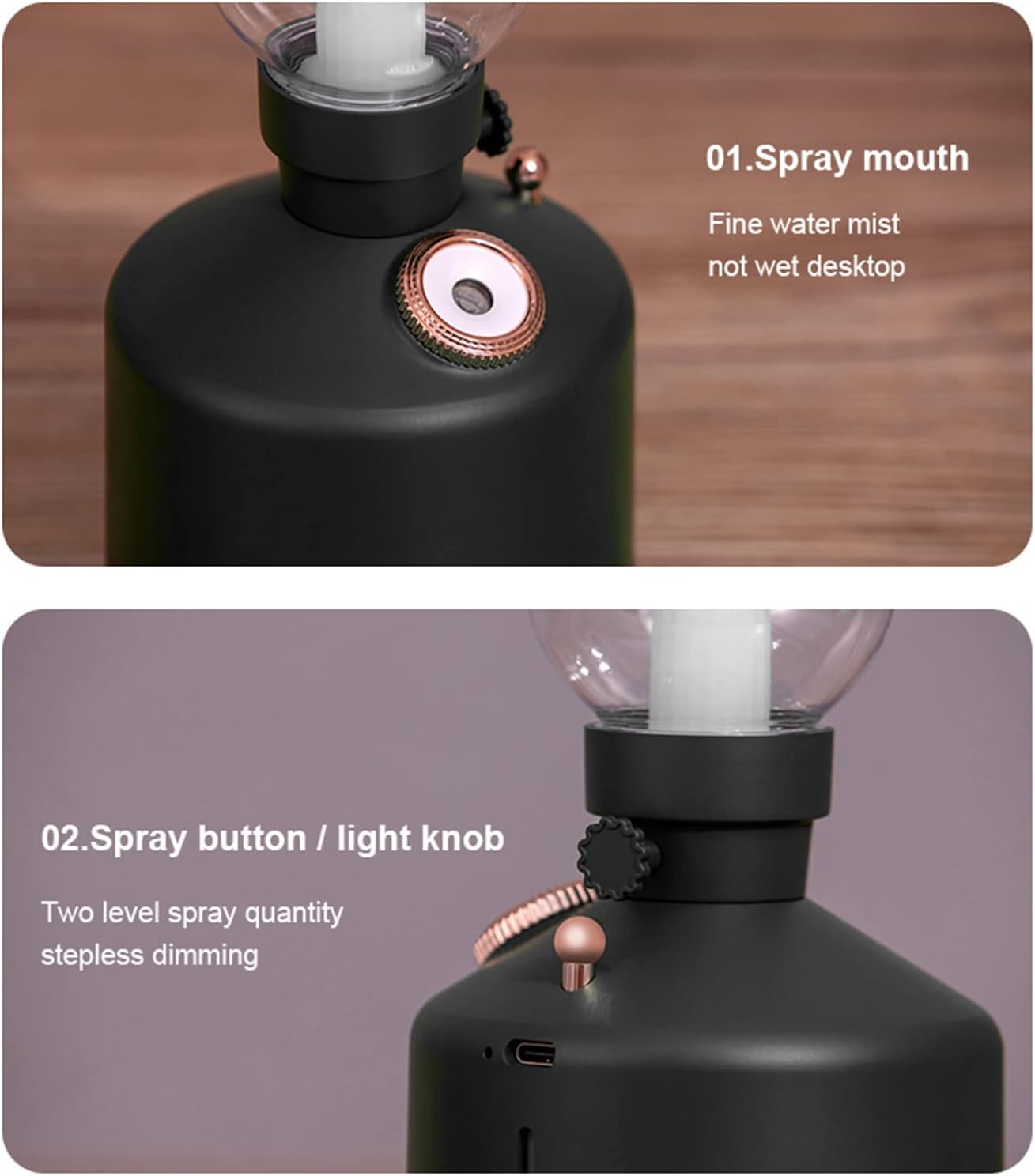 Close-up of a black spray device with a spray mouth and spray button on a wooden surface. Vintage Lamp Humidifier For Home & Office - Madina Gift