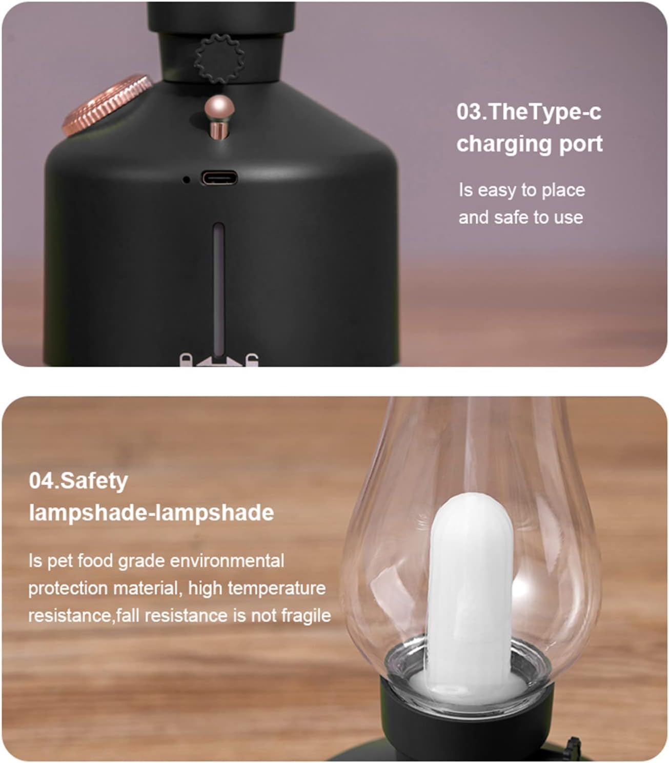Black lamp with Type-C charging port and safety lampshade on a wooden surface. Vintage Lamp Humidifier For Home & Office - Madina Gift
