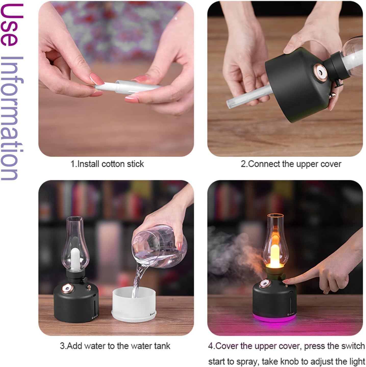 Step-by-step instructions for using a small lamp with cotton stick and water tank. Vintage Lamp Humidifier For Home & Office - Madina Gift