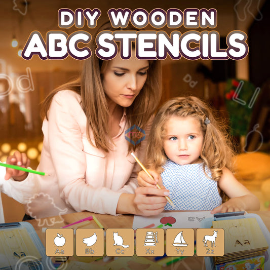 A to Z Learning Wooden Stencils Box with Colors - Madina Gift