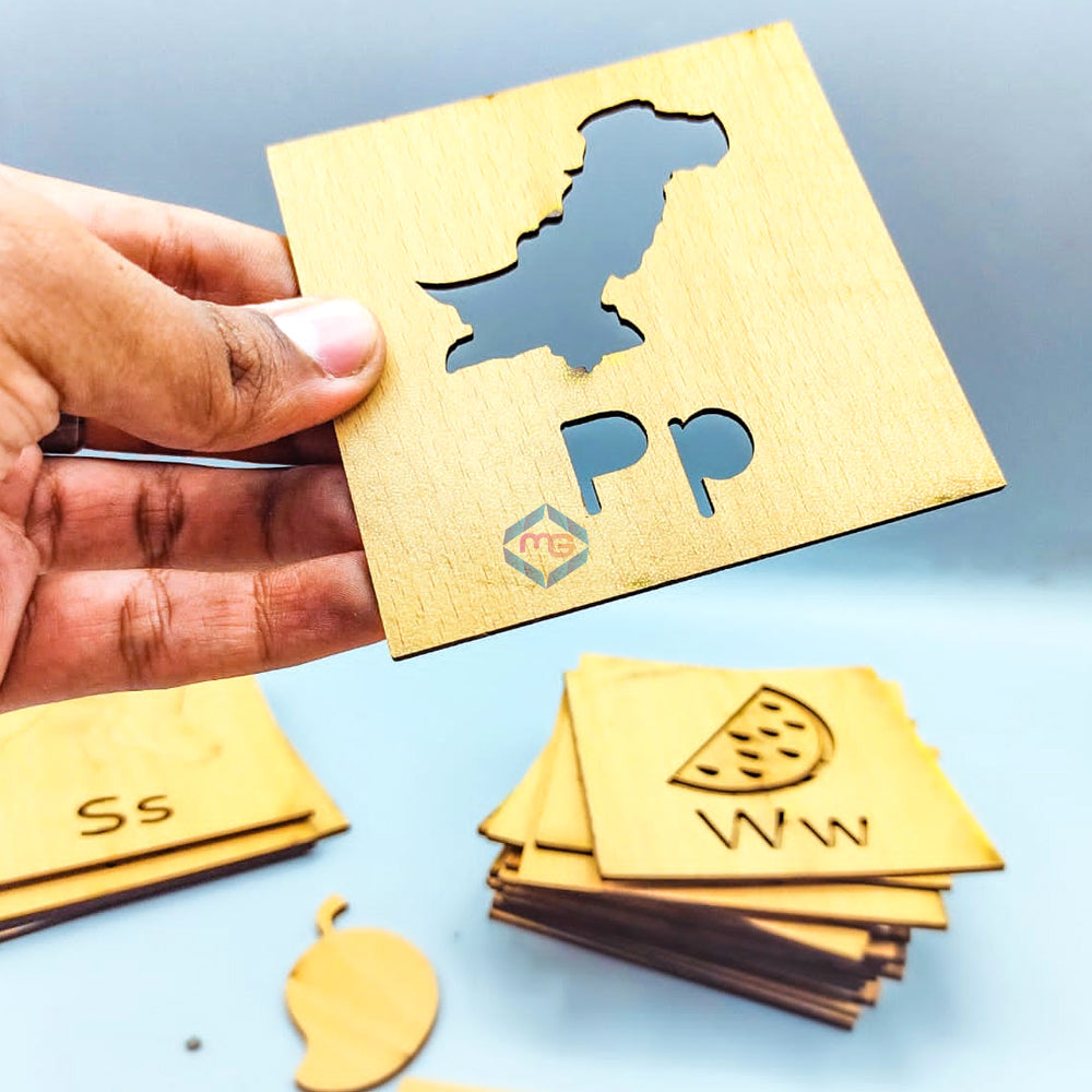 A to Z Learning Wooden Stencils Box with Colors - Madina Gift