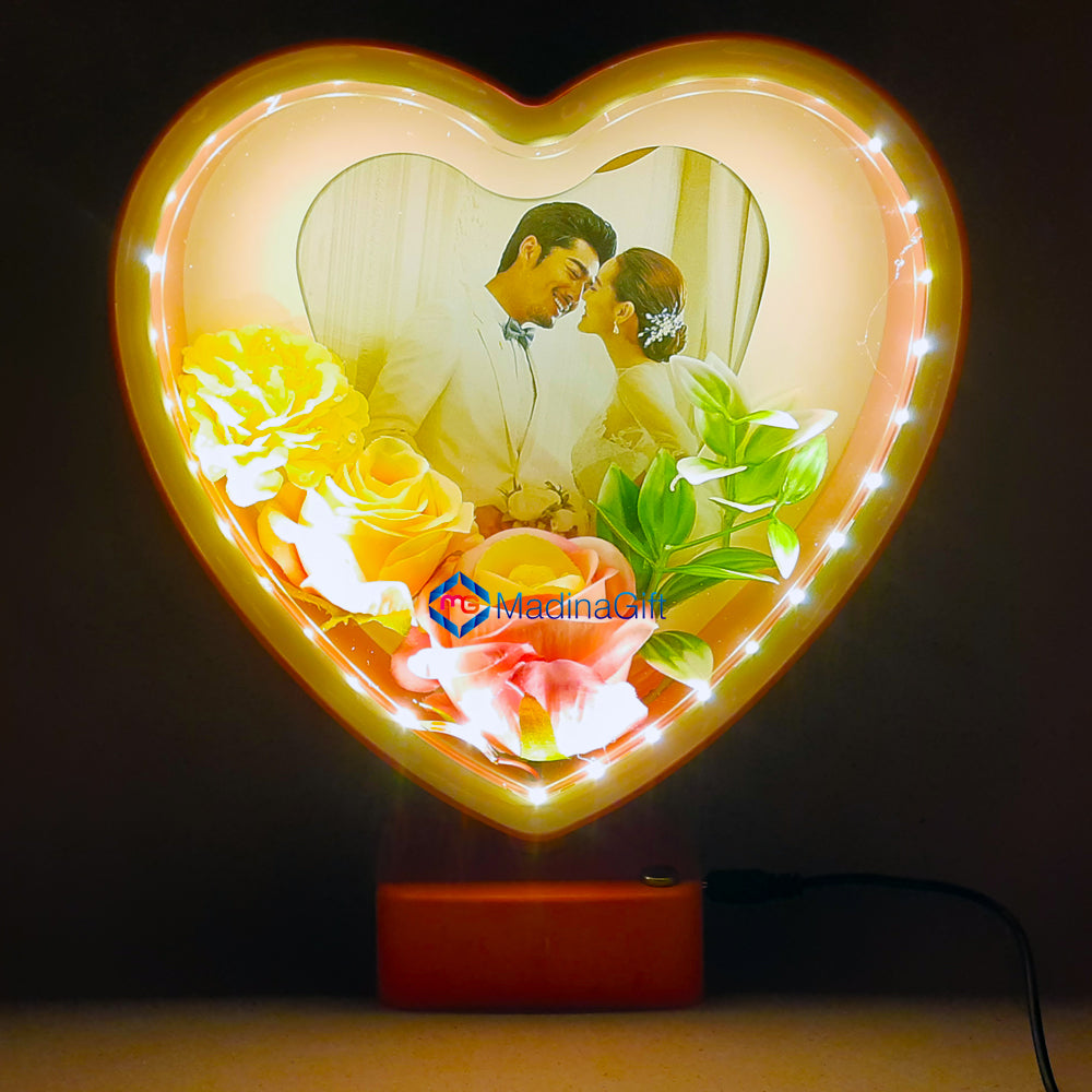 LED Heart Photo Frame With Flowers - Pink