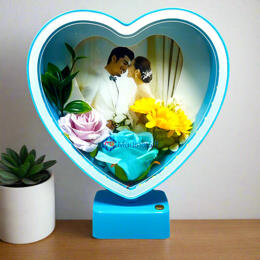 LED Blue Heart Photo Frame With Flowers 3 Sequence Light Effect Madina Gift