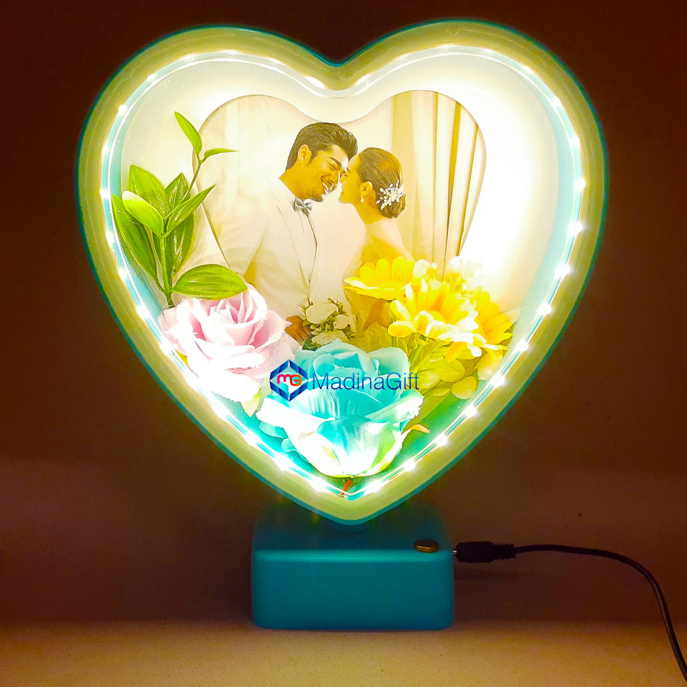 LED Blue Heart Photo Frame With Flowers 3 Sequence Light Effect Madina Gift