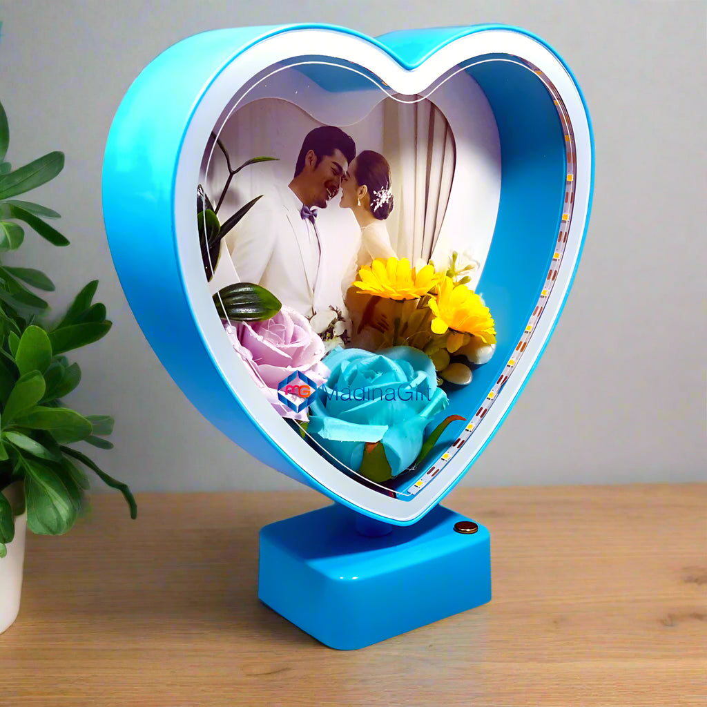 LED Blue Heart Photo Frame With Flowers 3 Sequence Light Effect Madina Gift