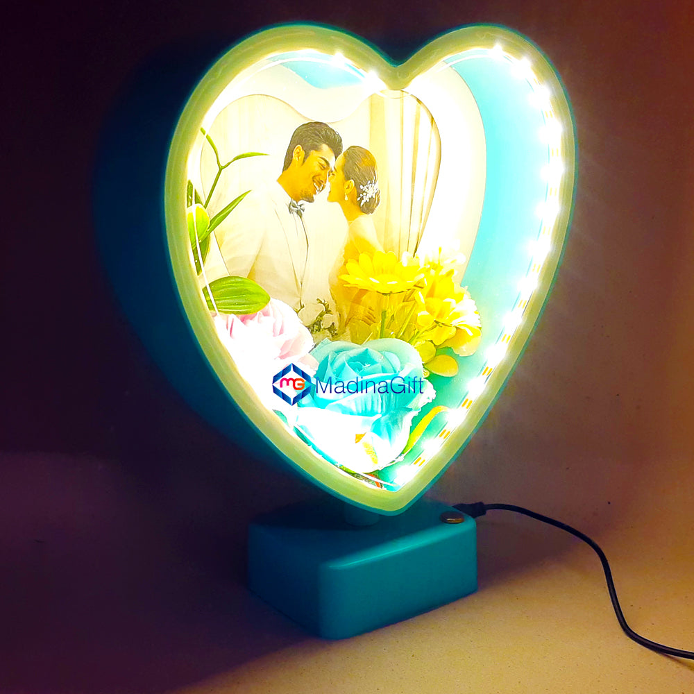 LED Blue Heart Photo Frame With Flowers 3 Sequence Light Effect Madina Gift