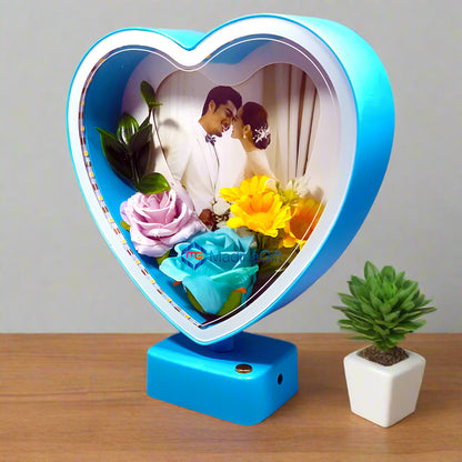 LED Blue Heart Photo Frame With Flowers 3 Sequence Light Effect Madina Gift