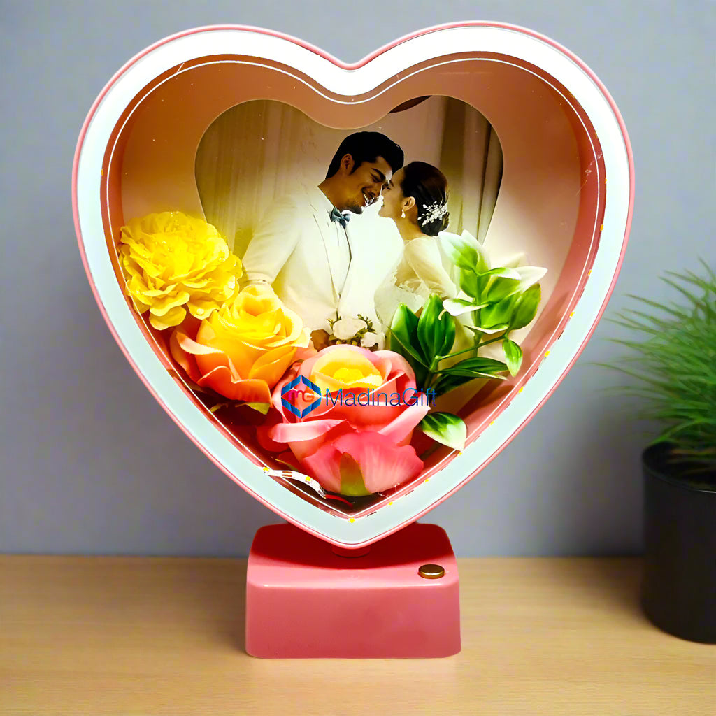 LED Pink Heart Photo Frame With Flowers 3 Sequence Light Effect Madina Gift