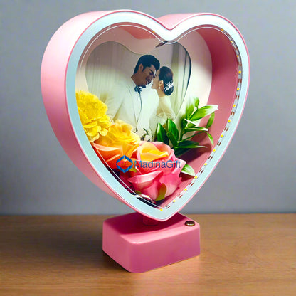 LED Pink Heart Photo Frame With Flowers 3 Sequence Light Effect Madina Gift