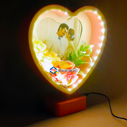 LED Pink Heart Photo Frame With Flowers 3 Sequence Light Effect Madina Gift