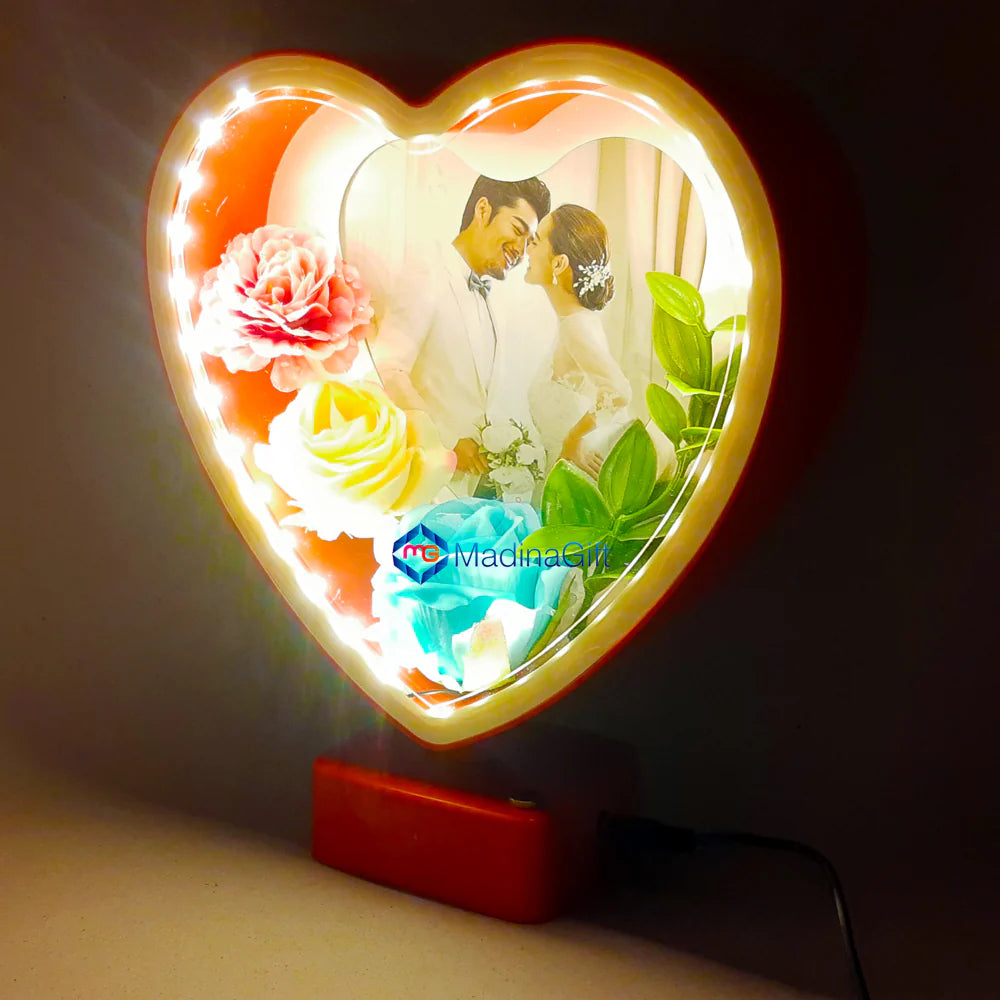 LED Red Heart Photo Frame With Flowers 3 Sequence Light Effect Madina Gift