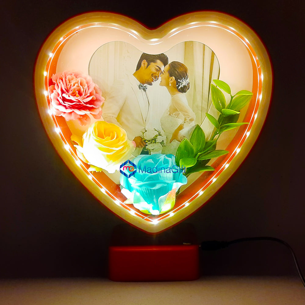 LED Red Heart Photo Frame With Flowers 3 Sequence Light Effect Madina Gift