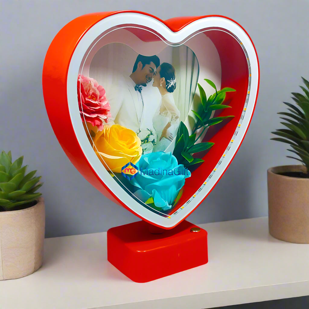 LED Red Heart Photo Frame With Flowers 3 Sequence Light Effect Madina Gift