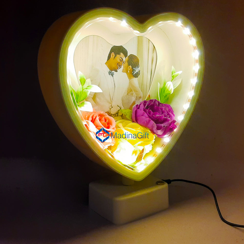 LED Heart Photo Frame With Flowers 3 Sequence Light Effect Madina Gift