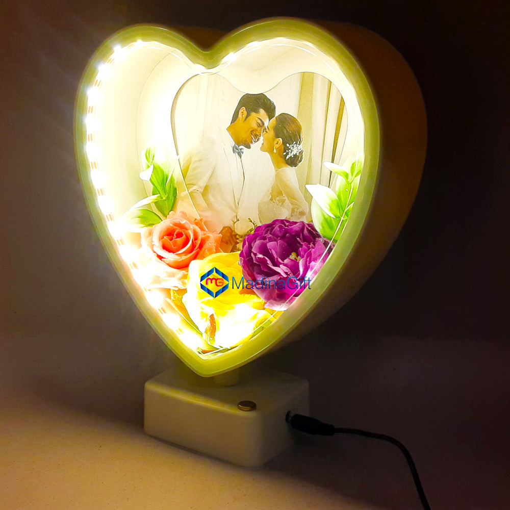 LED Heart Photo Frame With Flowers 3 Sequence Light Effect Madina Gift