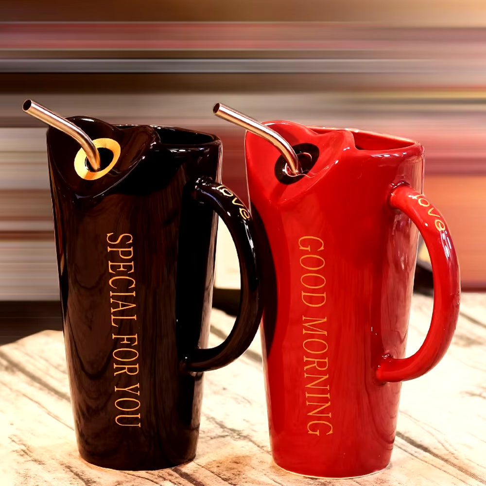 Lovers Mug with Straw - Ceramic High-Capacity Coffee Cup - 480 ML - Madina Gift