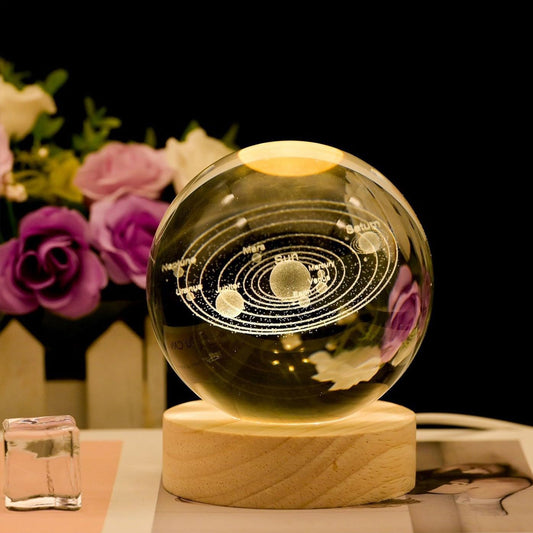 3D Galaxy Crystal Ball with LED Display Base & Laser Engraved Solar System Crystal Glass Globe