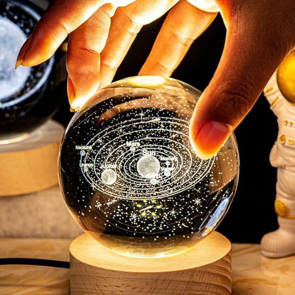 3D Galaxy Crystal Ball with LED Display Base & Laser Engraved Solar System Crystal Glass Globe