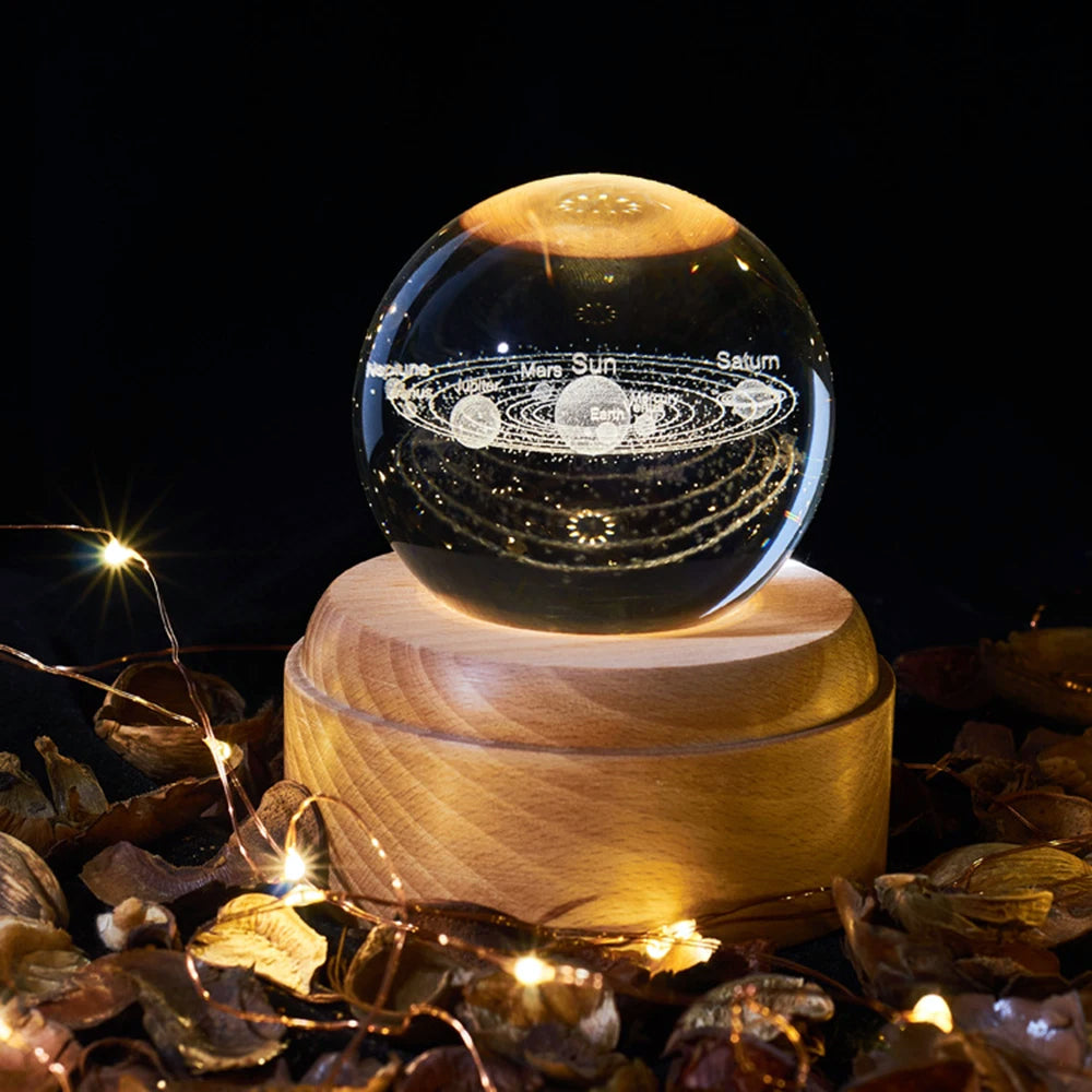 3D Galaxy Crystal Ball with LED Display Base & Laser Engraved Solar System Crystal Glass Globe