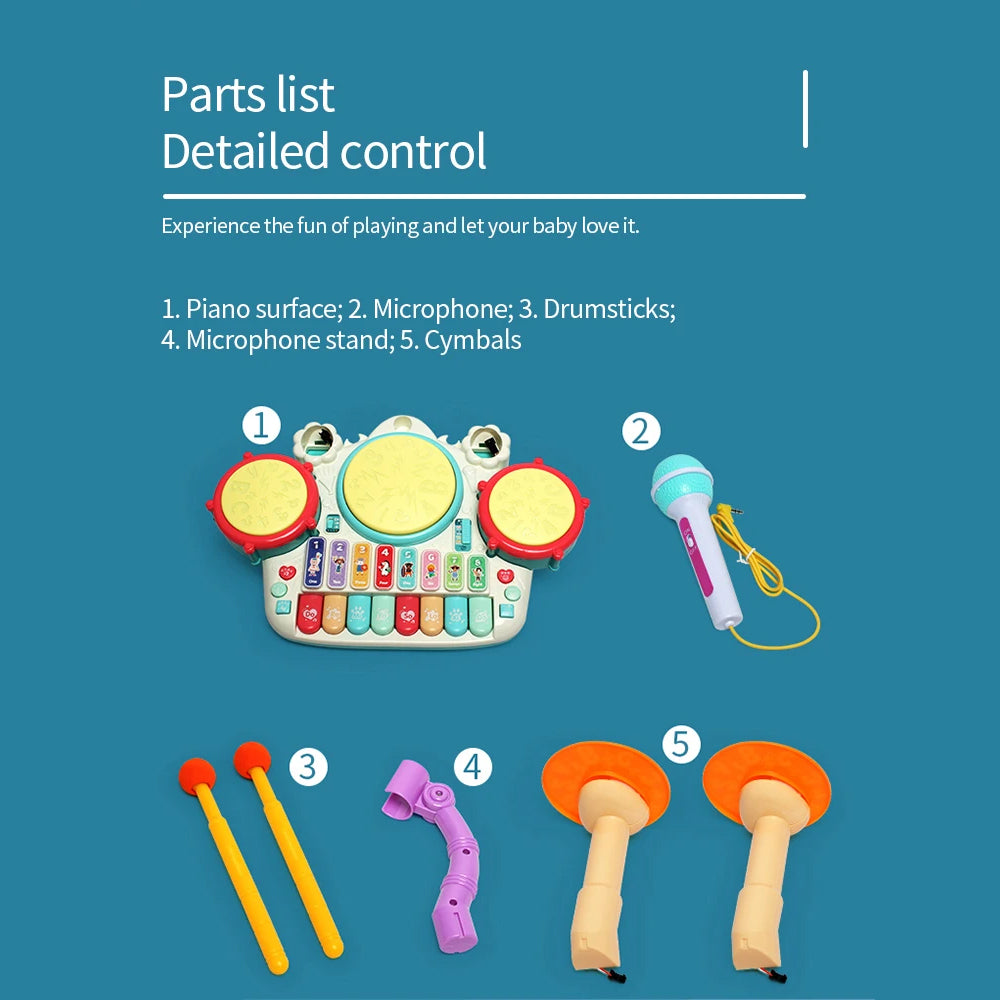 5-in-1 Drum Set with Microphone & Piano