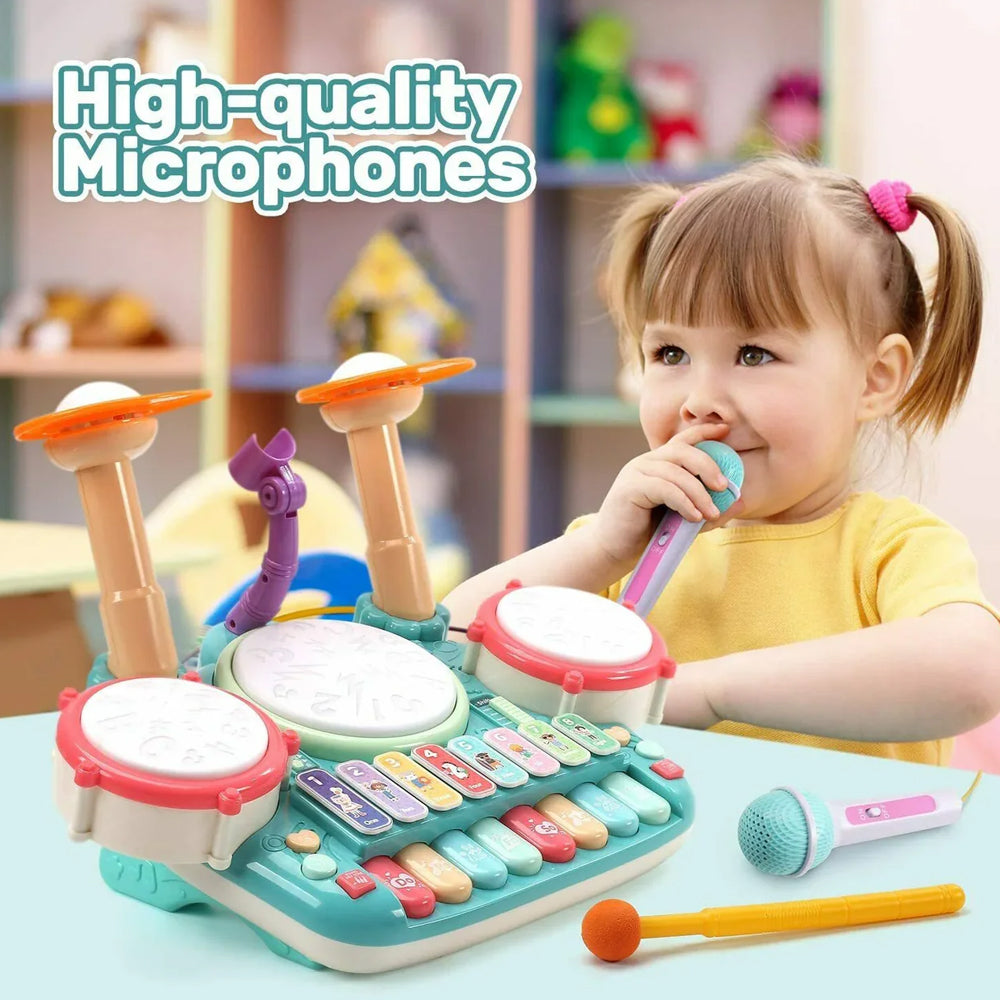 5-in-1 Drum Set with Microphone & Piano