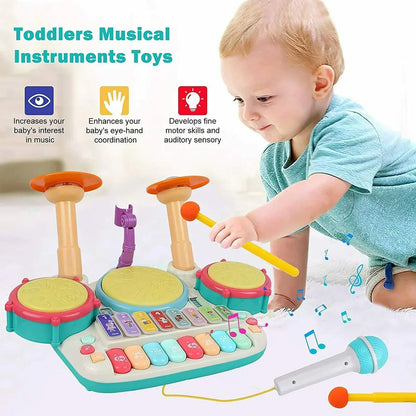 5-in-1 Drum Set with Microphone & Piano