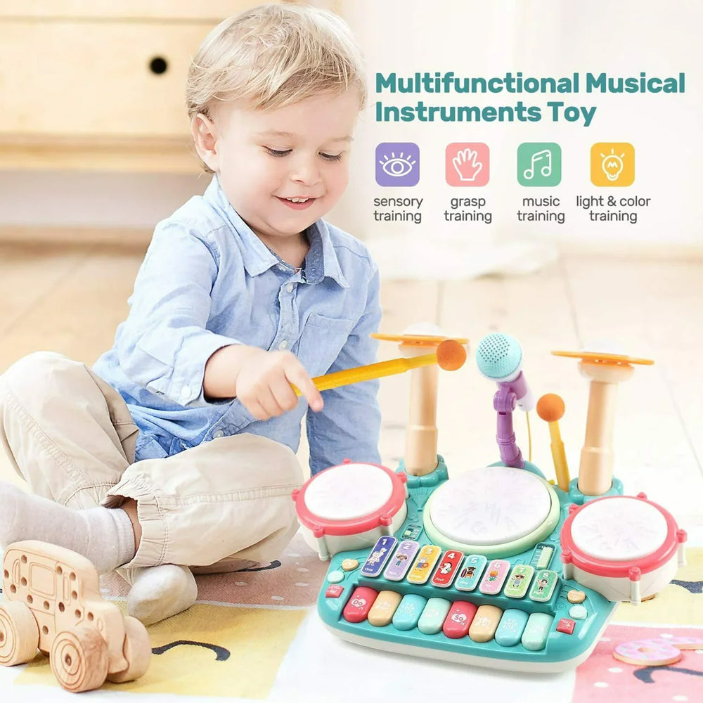 5-in-1 Drum Set with Microphone & Piano