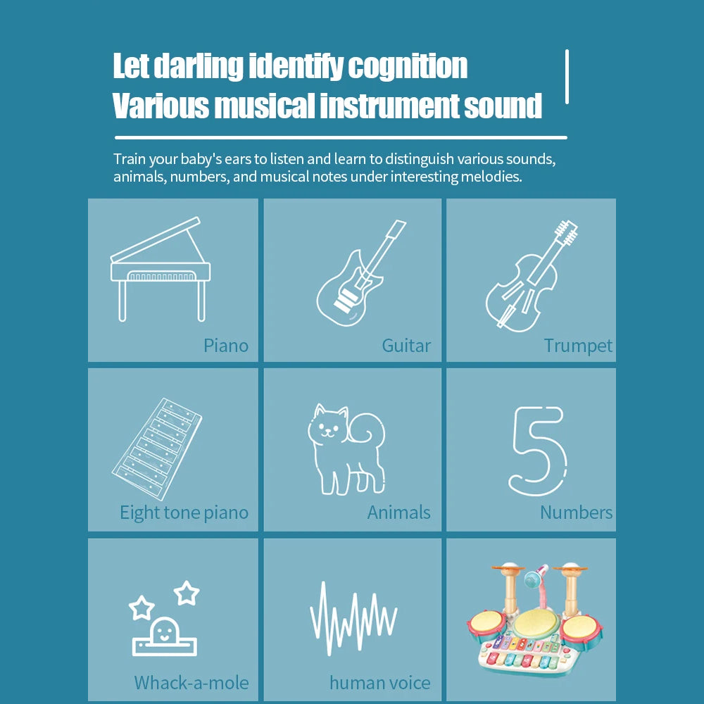 5-in-1 Drum Set with Microphone & Piano