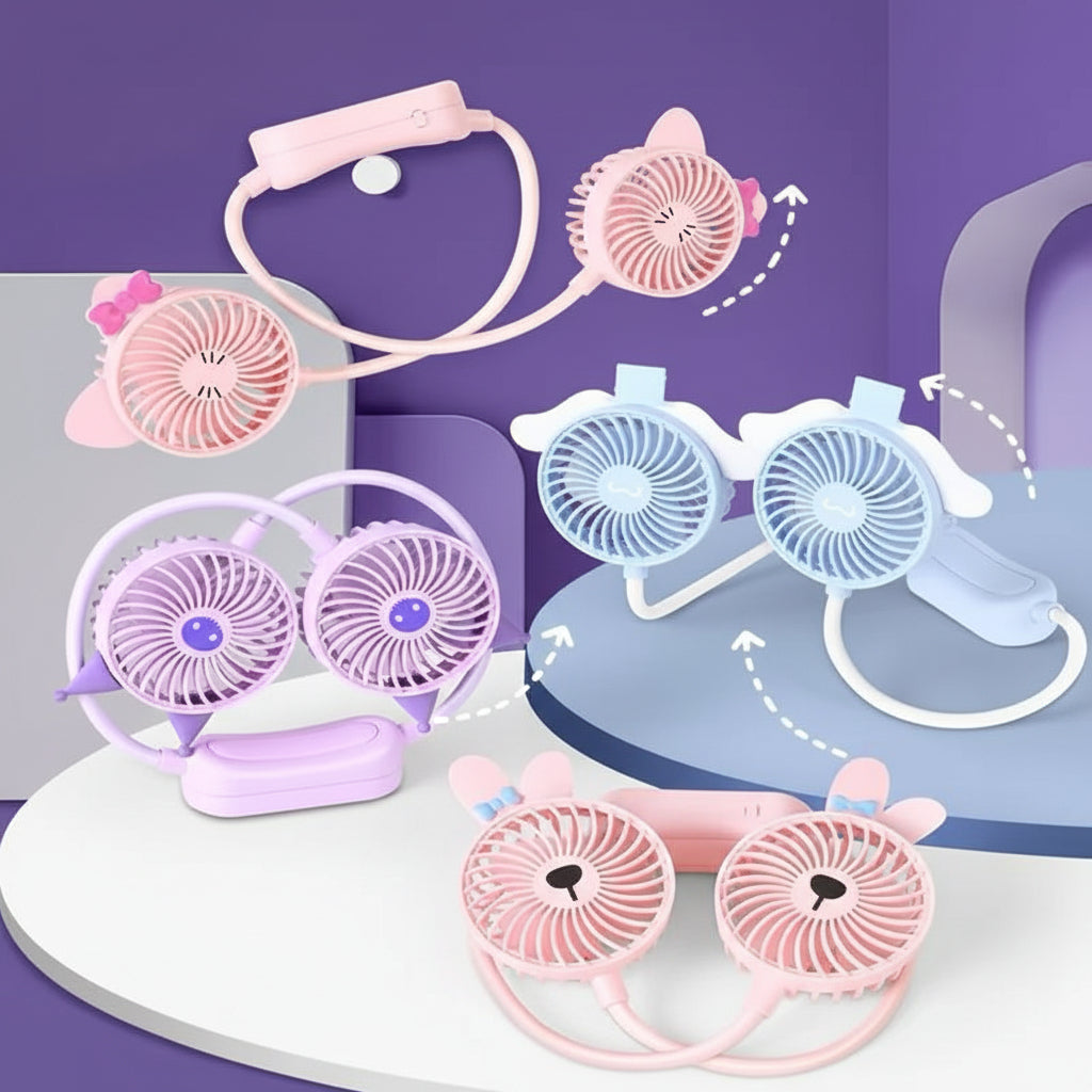 Dual Head Cartoon Portable Neck Flexible Fan Online in Karachi Pakistan madinagift.pk