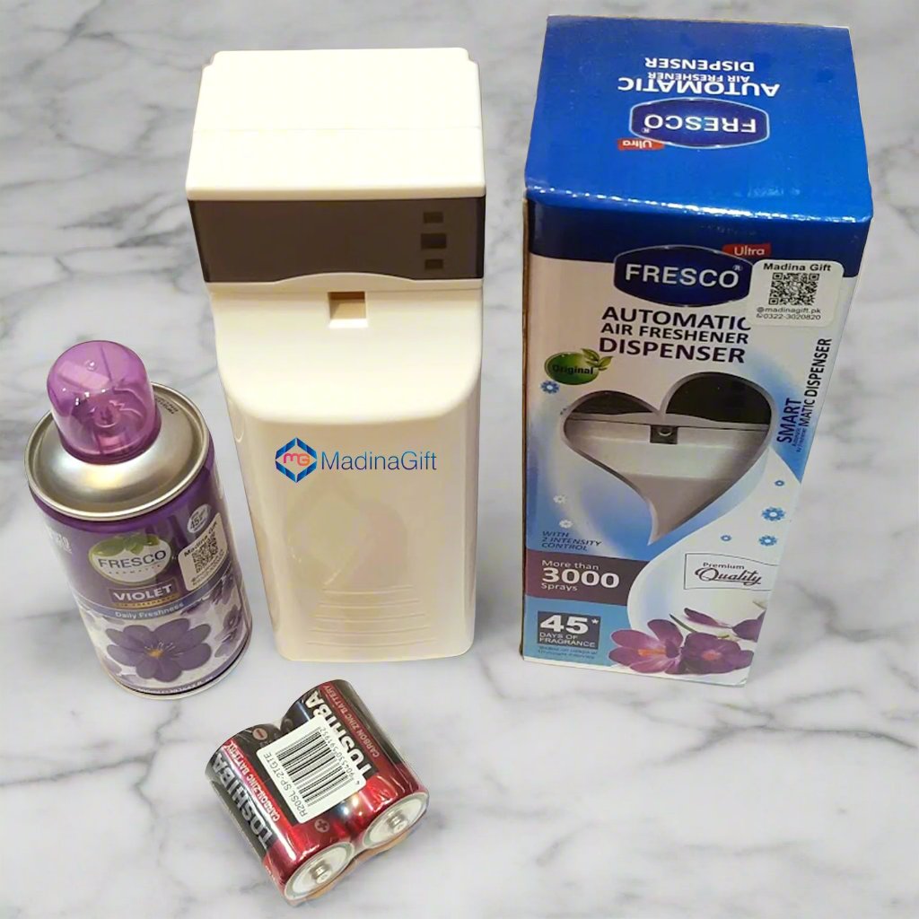 Fresco Automatic Air Freshener Dispenser Combo Pack With Toshiba 2x D Cells & 300 ml Refill MGCPK madinagiftpk