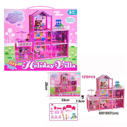 Dream Castle Big Doll House for Girls - 129 Pieces 3-Storey Villa Family DIY Accessories Assembly - madina gift box size