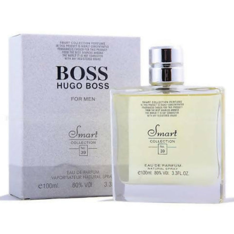 Hugo Boss perfume bottle and packaging on a white background