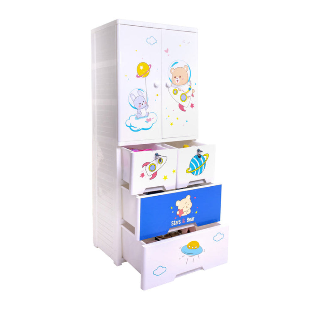 Children's storage unit with cartoon designs on a white background